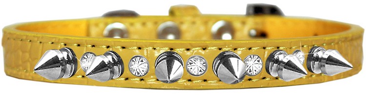 Silver Spike and Clear Jewel Croc Dog Collar Yellow Size 16